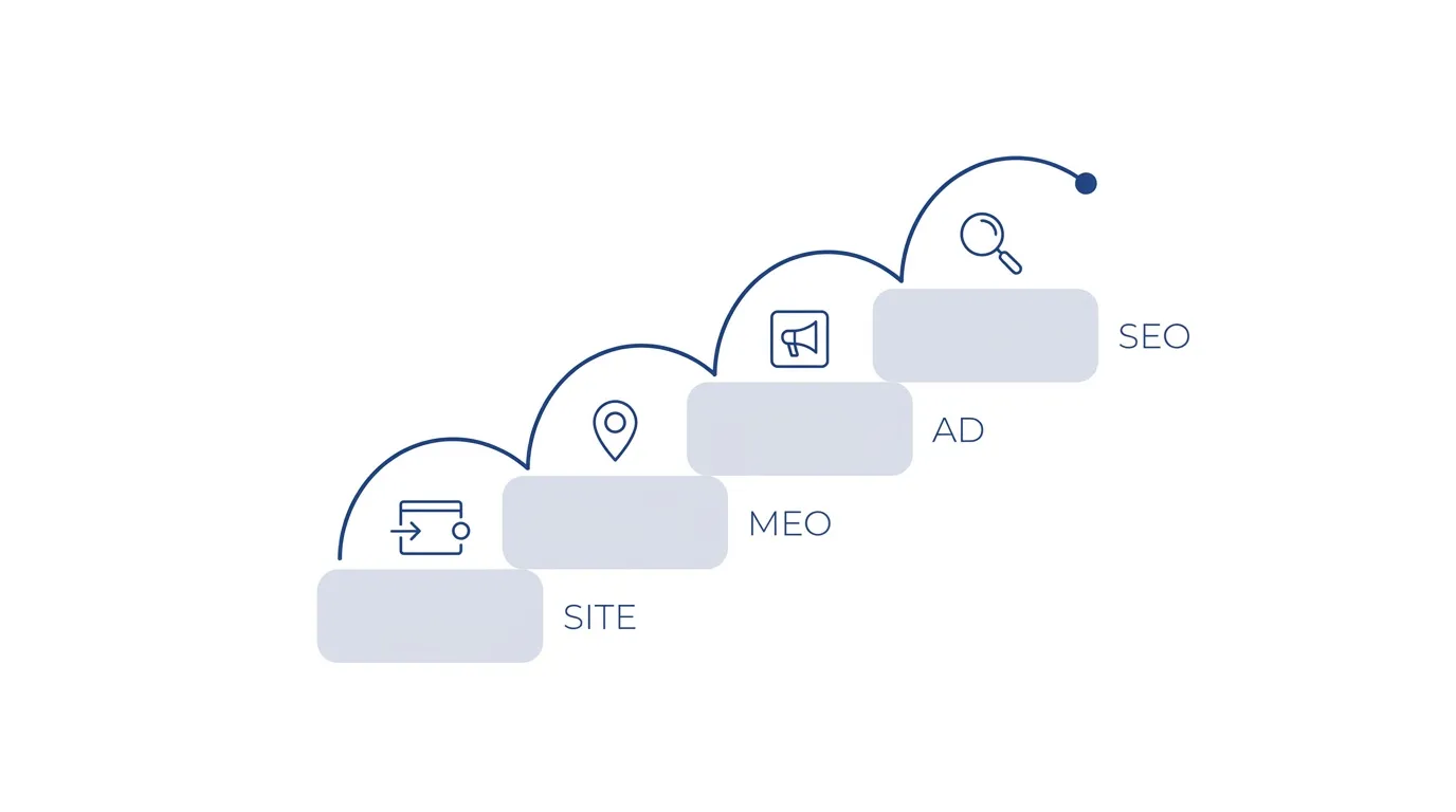 中小企業のWeb集客の全体像と着手ロードマップ（受け皿づくり、MEO、広告、SEO）を示したアイキャッチ図